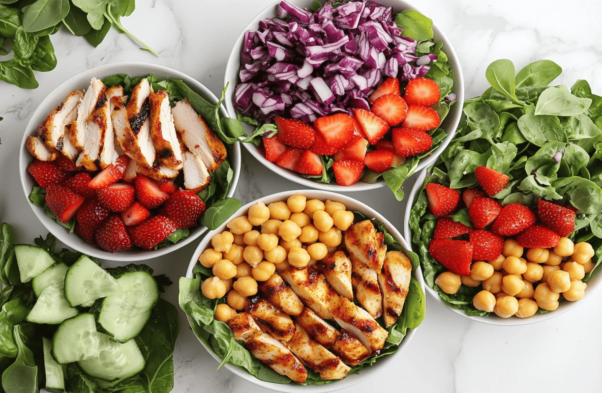Bowls of Florida salad with strawberries, chickpeas, cucumbers, and grilled chicken, showcasing its tropical ingredients.
