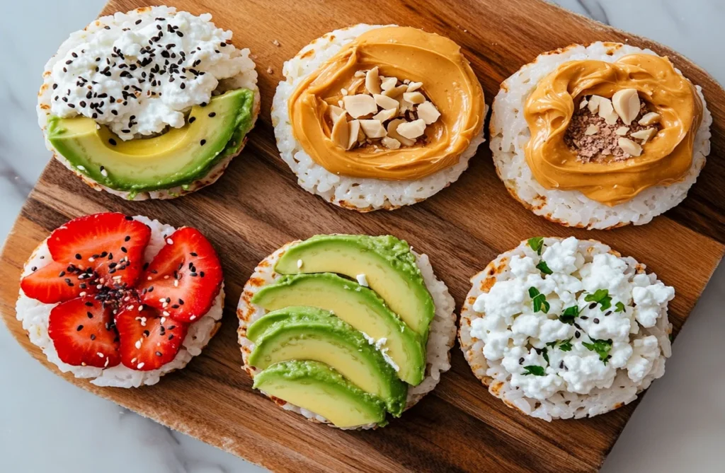Rice cakes with avocado, peanut butter, strawberries, and cottage cheese, offering healthy topping ideas to explore if rice cakes are good for losing belly fat.