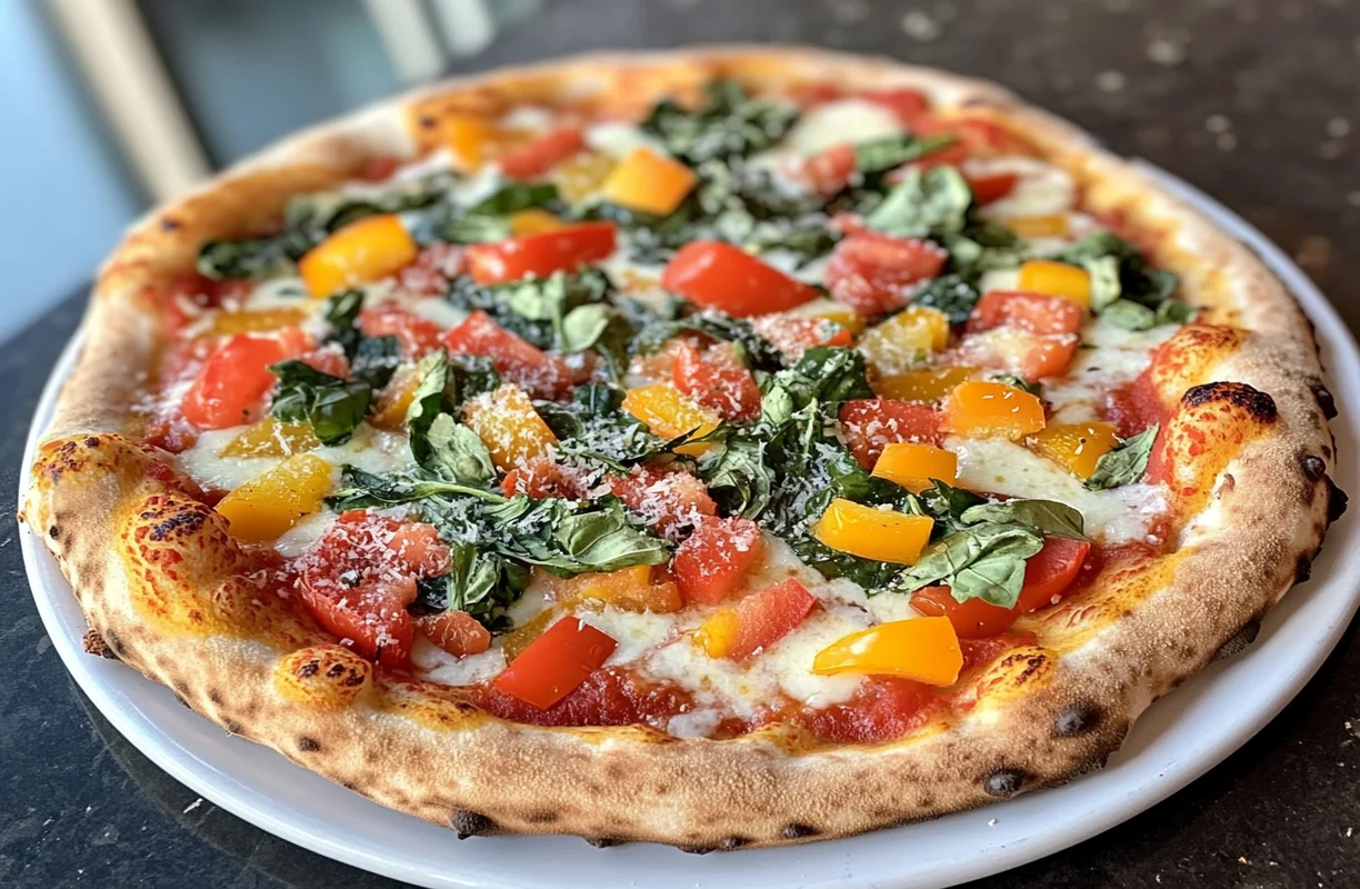 A colorful veggie pizza with fresh tomatoes, spinach, and yellow bell peppers, designed to be a kid-friendly and healthy option.