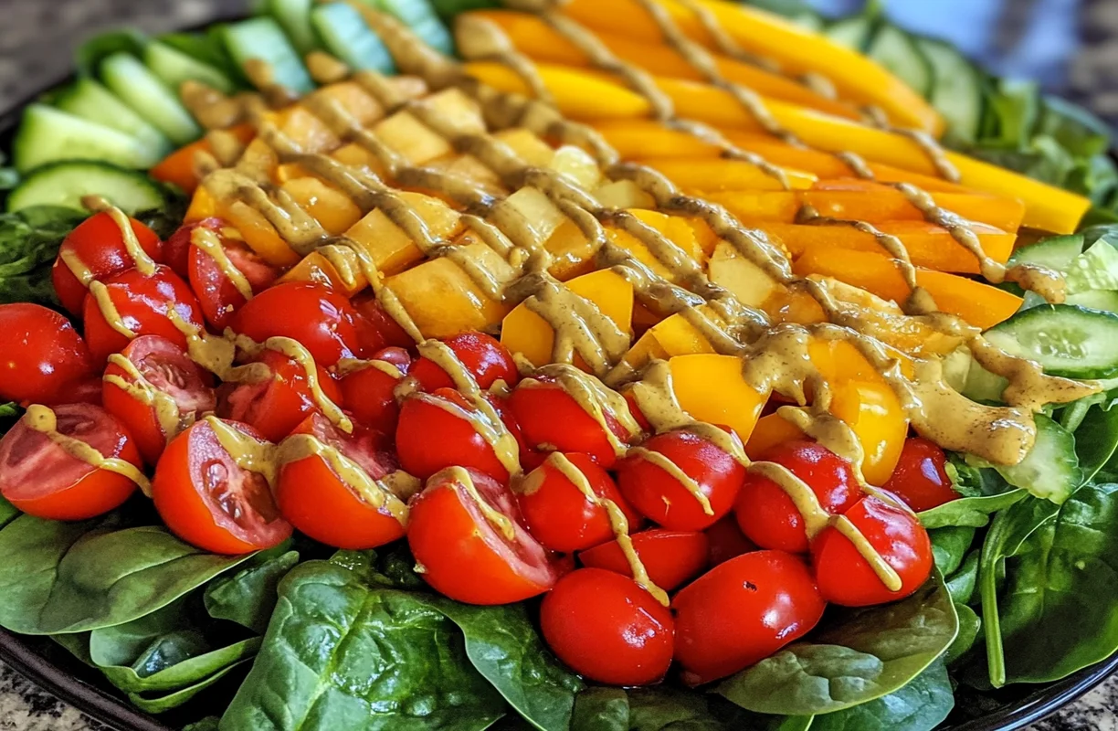 A colorful salad with cherry tomatoes, spinach, and bell peppers, topped with an olive oil-based dressing. Showcasing what is the healthiest salad dressing to put on a salad.
