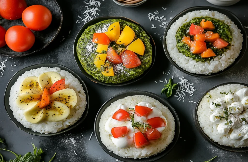 A variety of rice cakes topped with banana and honey, pesto and bell peppers, mozzarella and tomatoes, offering creative examples of what people put on rice cakes.