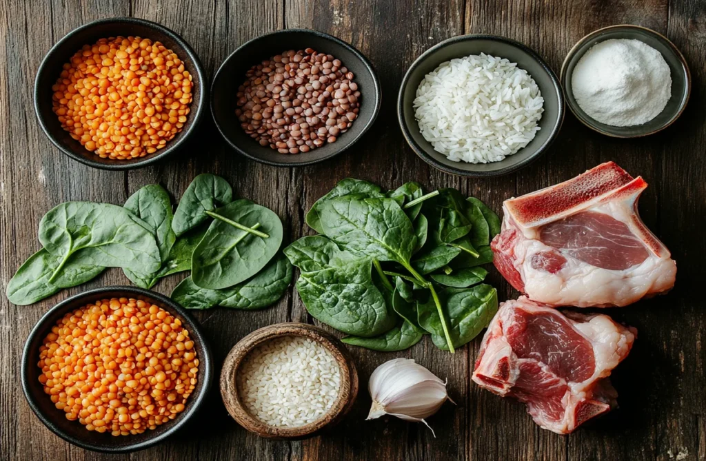 Fresh ingredients for the Lamb Lentils Rice Spinach Recipe - Nutritious & Delicious, including lamb, lentils, rice, and spinach.