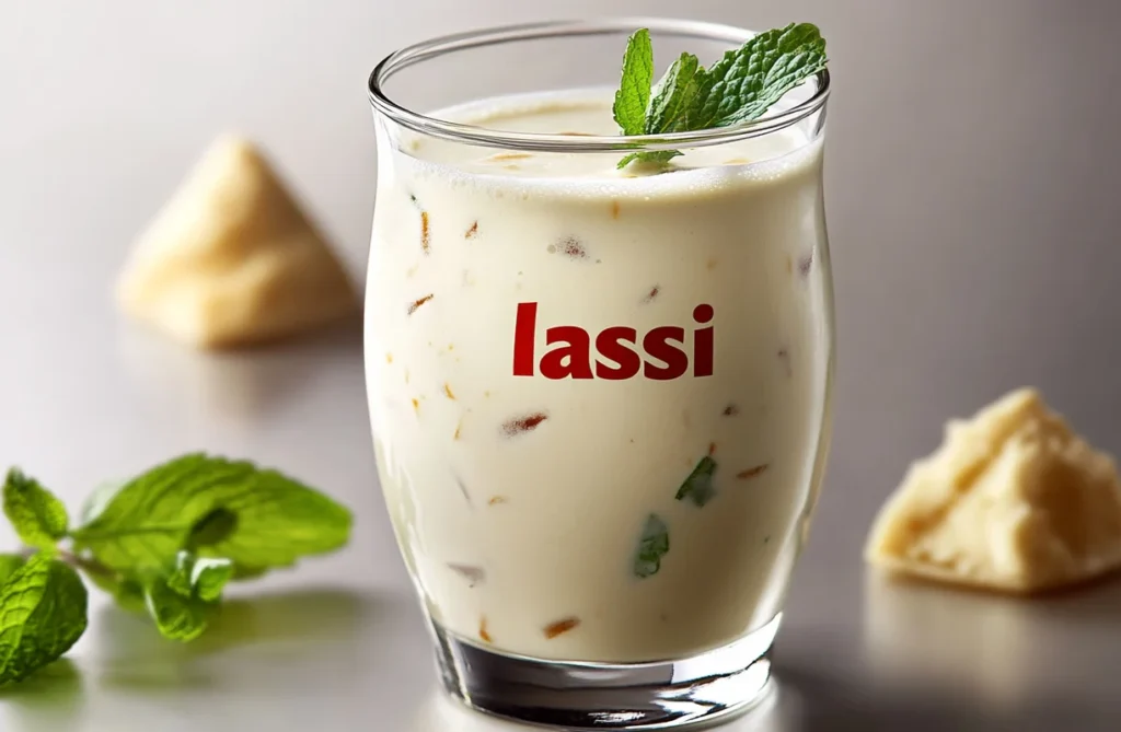 Glass of lassi with mint garnish, a typical cold yogurt drink crossword clue answer.