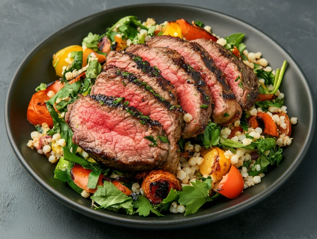 Grilled steak slices on a couscous salad with roasted vegetables and fresh herbs, showcasing a popular beef dish
