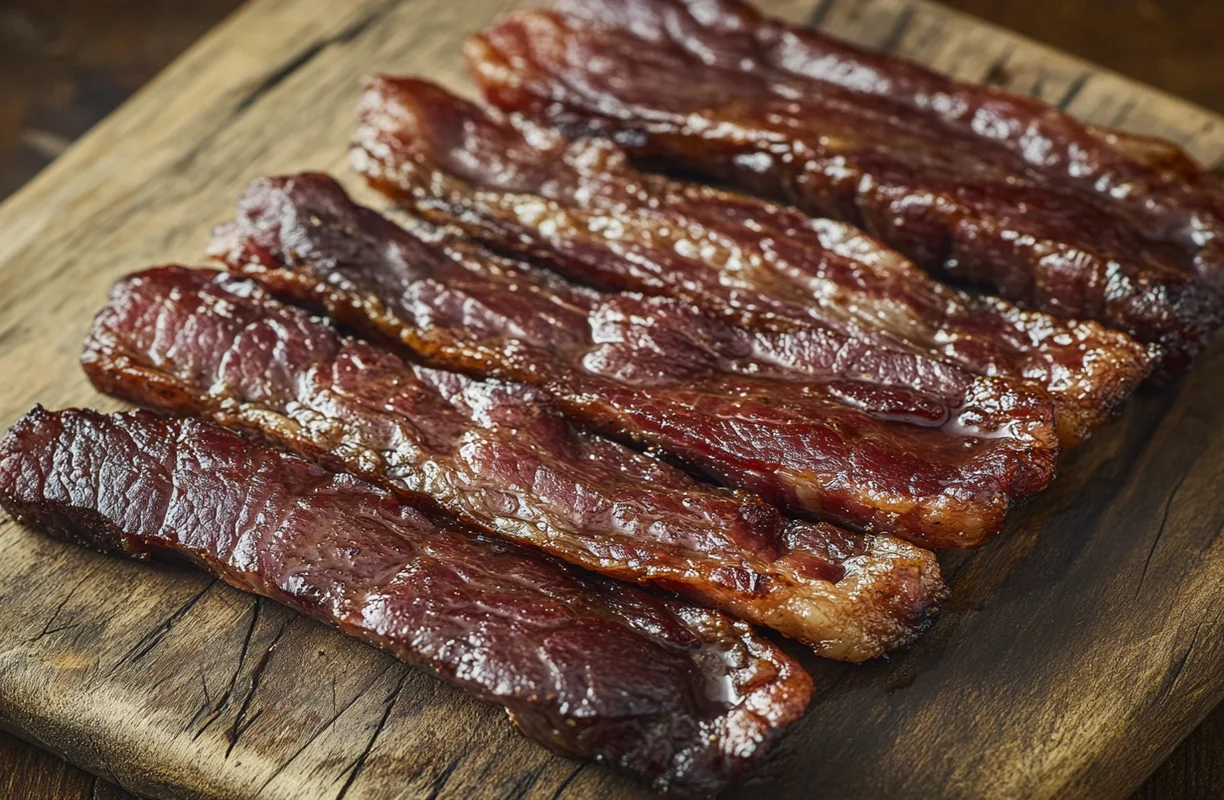 Close-up of several cooked beef bacon strips placed on a wooden board, emphasizing their texture and appeal as part of the discussion: 'Is Beef Bacon Healthy?'