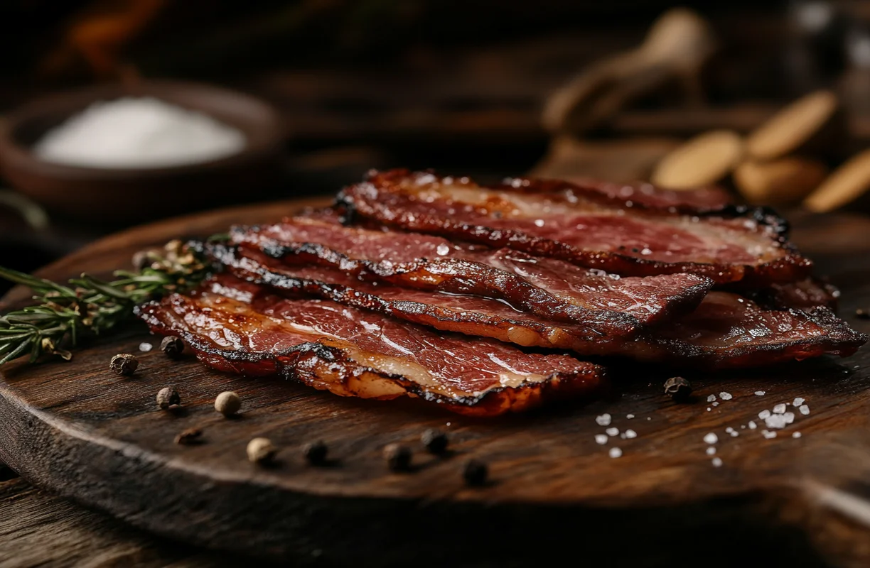 A vibrant salad topped with crispy strips of beef bacon, showcasing its rich flavor and texture.
