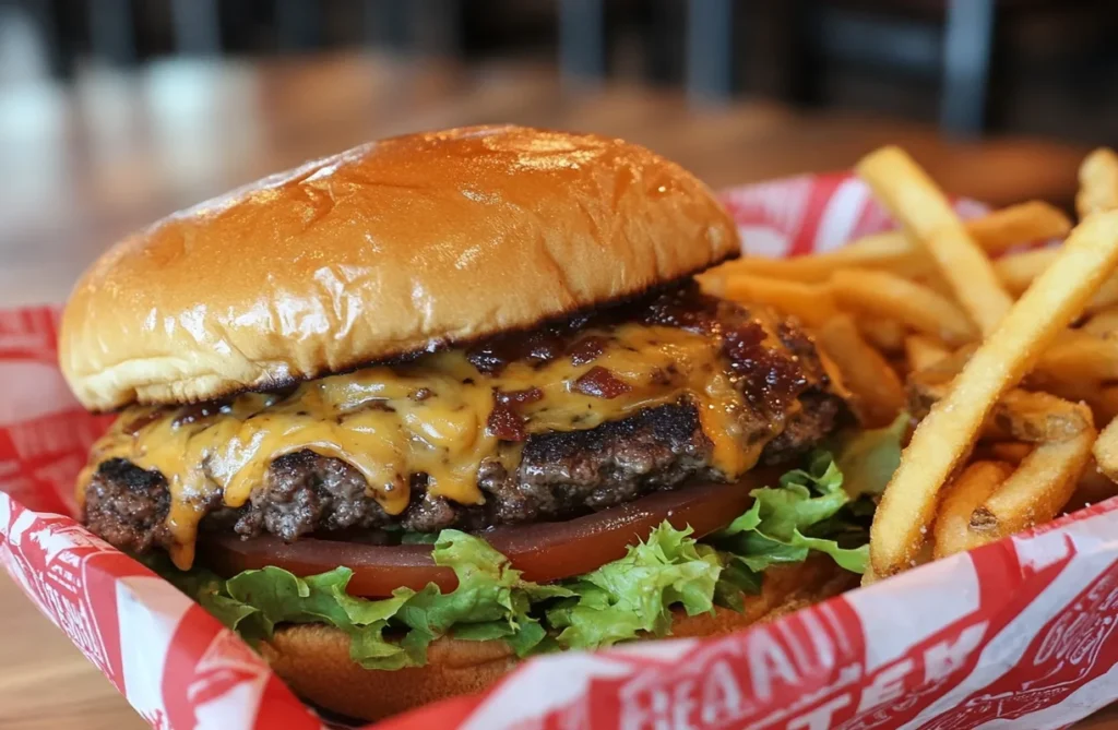"All-American cheeseburger with melted cheddar, lettuce, tomato, and fries, highlighting a popular beef dish loved worldwide."