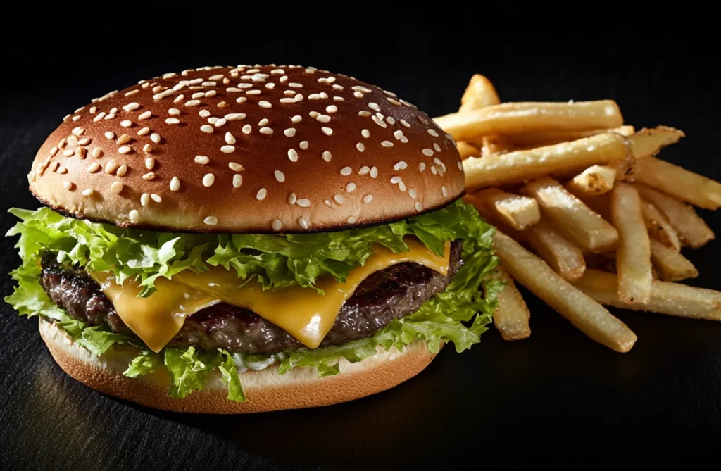 Sesame seed cheeseburger with lettuce, melted cheese, and a side of fries, showcasing a popular beef dish