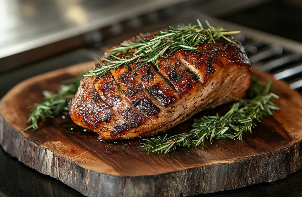 Sliced smoked turkey breast with a rich glaze and fresh rosemary, highlighting a pre-cooked smoked turkey breast option.