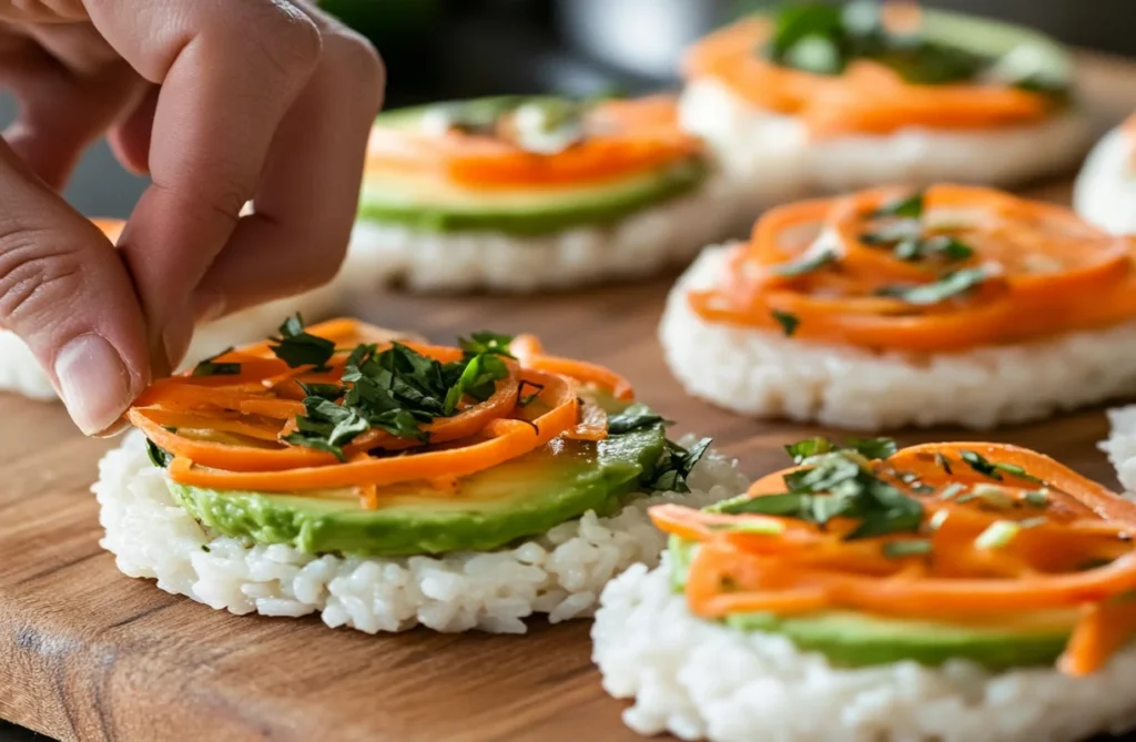Rice cakes with avocado, carrots, and herbs, presenting a healthy topping idea to determine if rice cakes are good for losing belly fat.