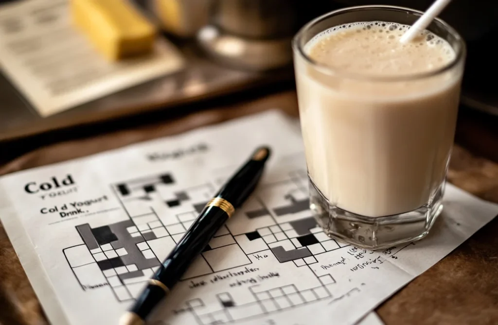 Glass of lassi with a straw beside a crossword puzzle, representing the cold yogurt drink crossword clue.