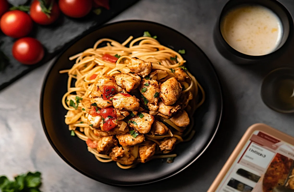 A plate of Marry Me Chicken Pasta with chicken, spaghetti, tomatoes, and parsley, served in a black dish, capturing its rich and savory appeal.
