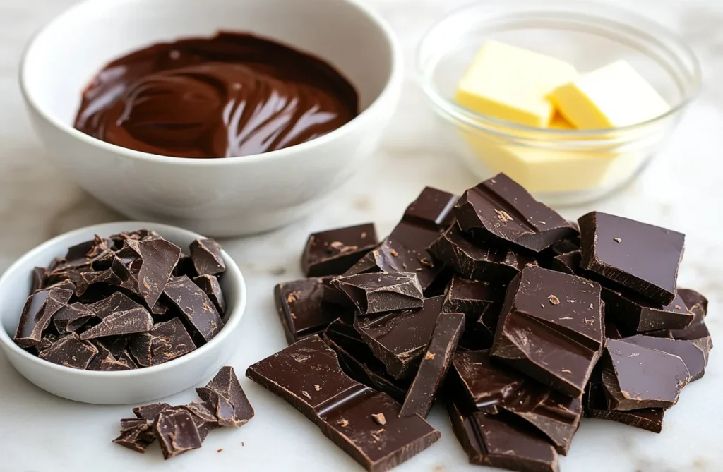 Ingredients for making chocolate syrup and chocolate sauce, including butter, cocoa powder, and chopped chocolate pieces.