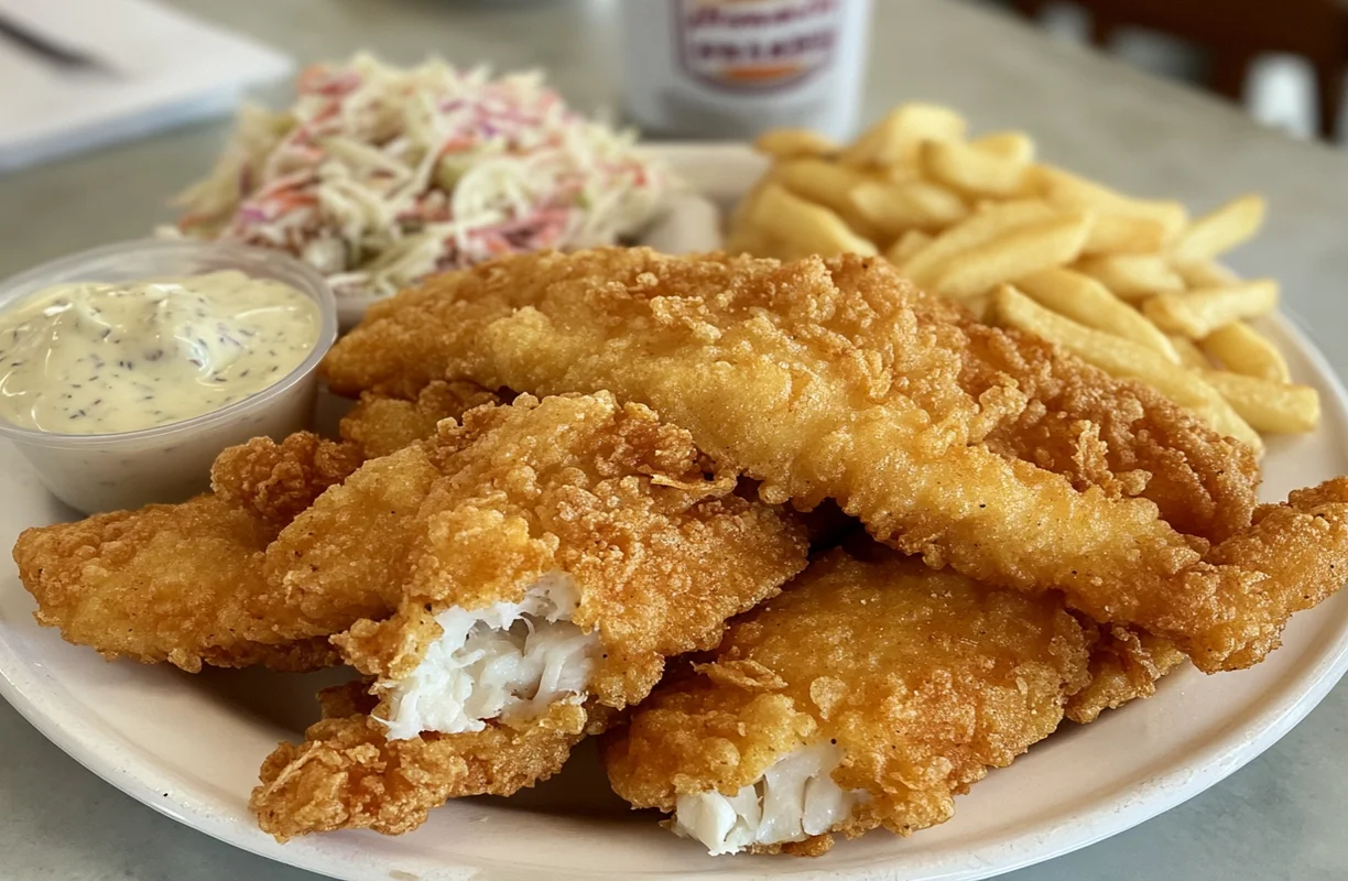 Crispy Louisiana fish fry seasoned with a bold spice blend, served with tartar sauce, coleslaw, and fries.