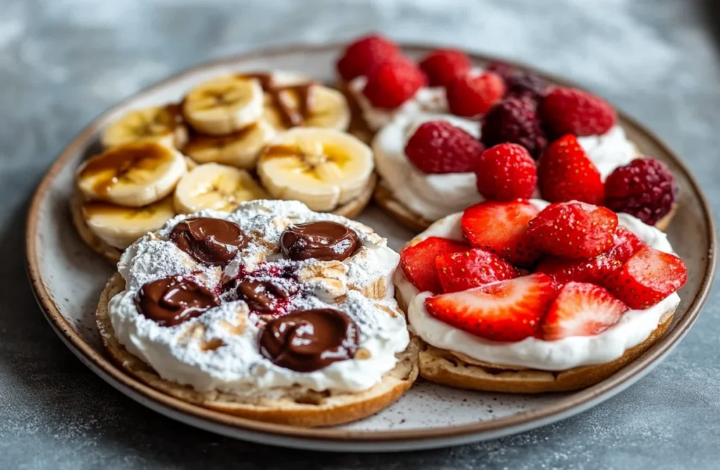 A plate of rice cakes with sweet toppings, including bananas and caramel, Nutella with powdered sugar, fresh strawberries, and mixed berries, showing what people put on rice cakes for a tasty snack.
