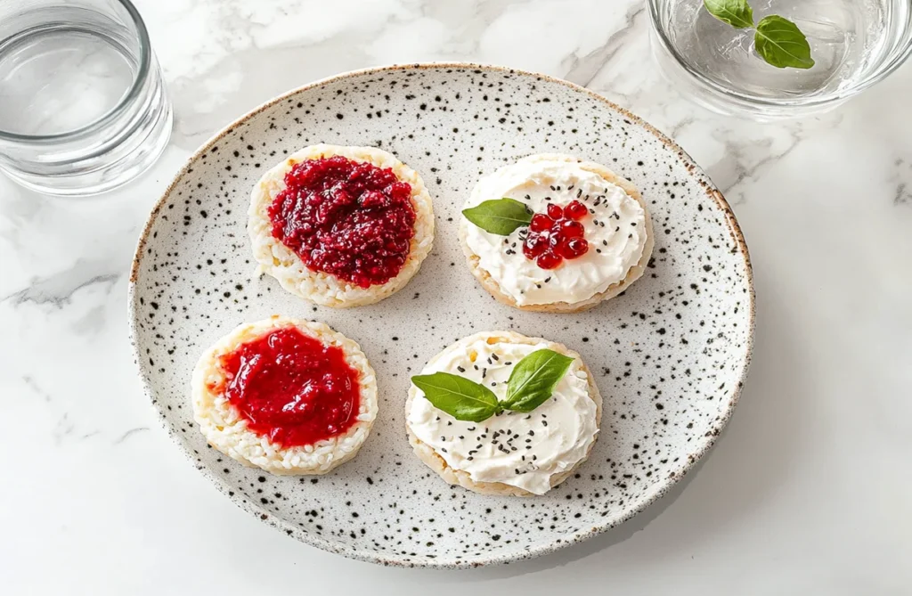 Rice cakes with fruit spreads, cream cheese, and herbs, offering delicious topping ideas to explore if rice cakes are good for losing belly fat.