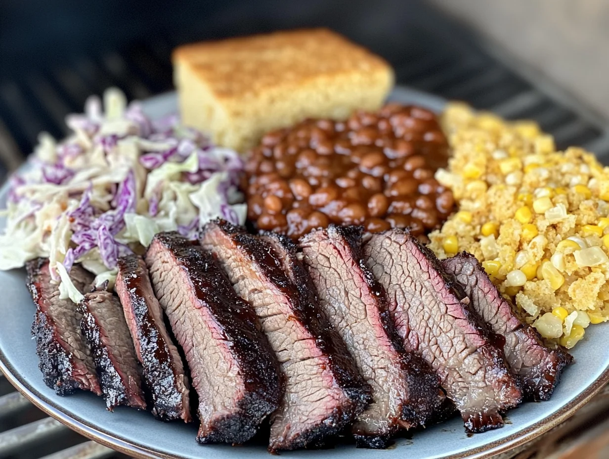 Plate of Texas BBQ brisket with coleslaw, baked beans, cornbread, and corn casserole, highlighting a popular beef dish."
