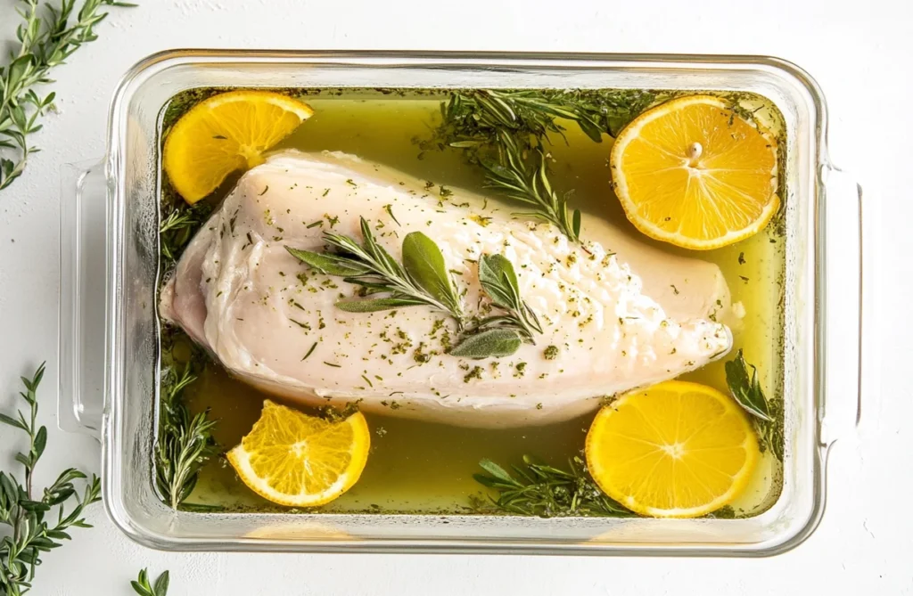 Smoked turkey breast brined with fresh herbs and orange slices, showcasing a delicious pre-cooked option.