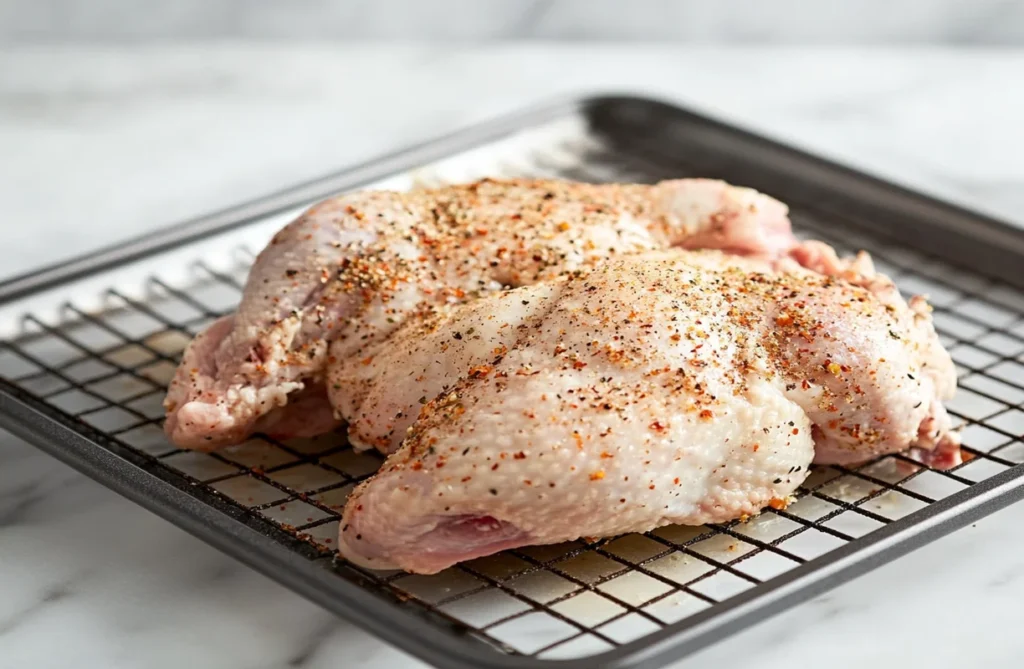 Raw seasoned turkey breast on a wire rack, showcasing the preparation process for pre-cooked smoked turkey breast.