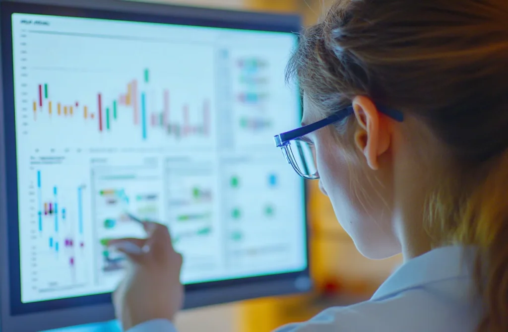 A scientist analyzing nutritional graphs on a computer, exploring if rice cakes are good for losing belly fat.