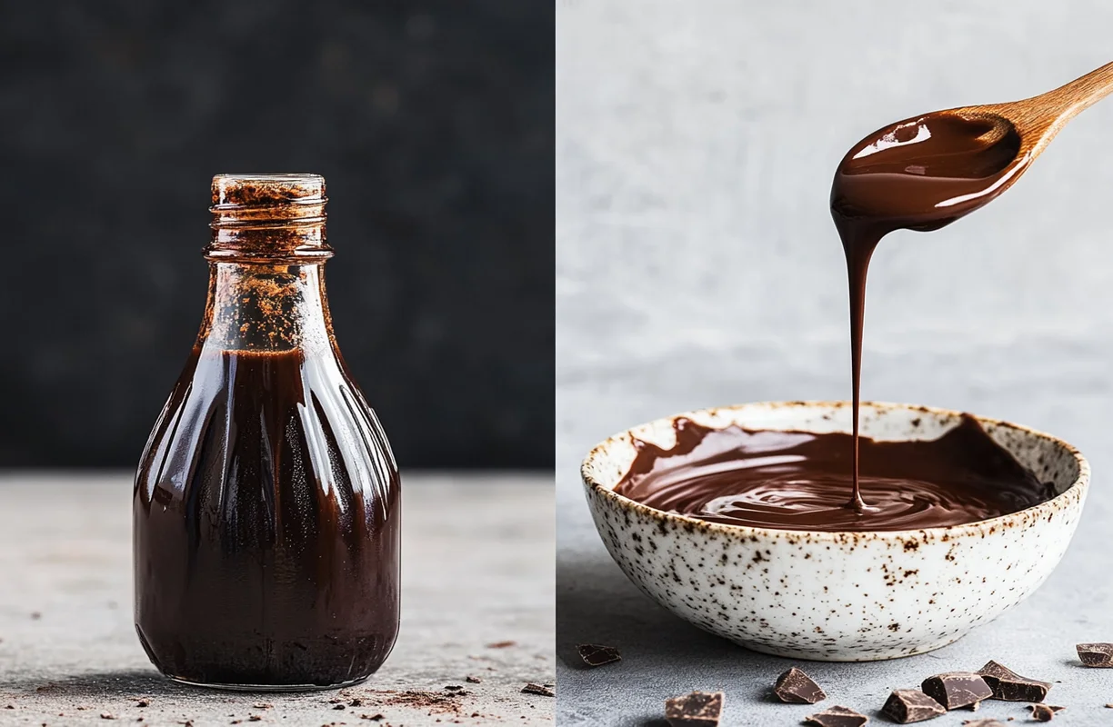 A bottle of chocolate syrup alongside a bowl of thick chocolate sauce for texture and consistency comparison.