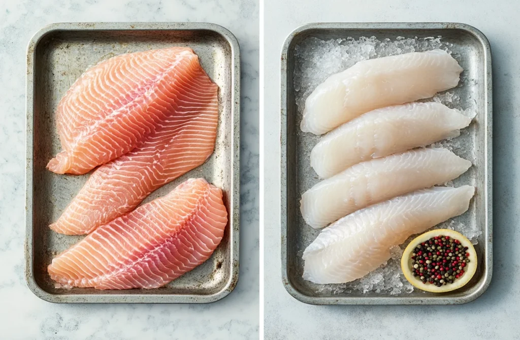 Side-by-side image of raw Trader Joe's tilapia fillets and defrosted fillets on trays, demonstrating the process of how to defrost Trader Joe's tilapia.