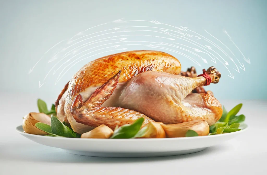 Whole smoked turkey with golden skin resting on a plate with herbs, demonstrating techniques to prevent drying during and after cooking.