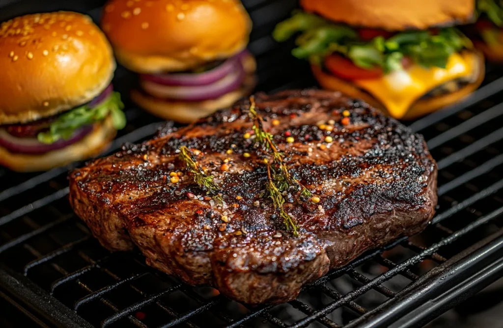 "Grilled steak with herbs and cheeseburgers on a barbecue grill, showcasing popular beef dishes perfect for cookouts."