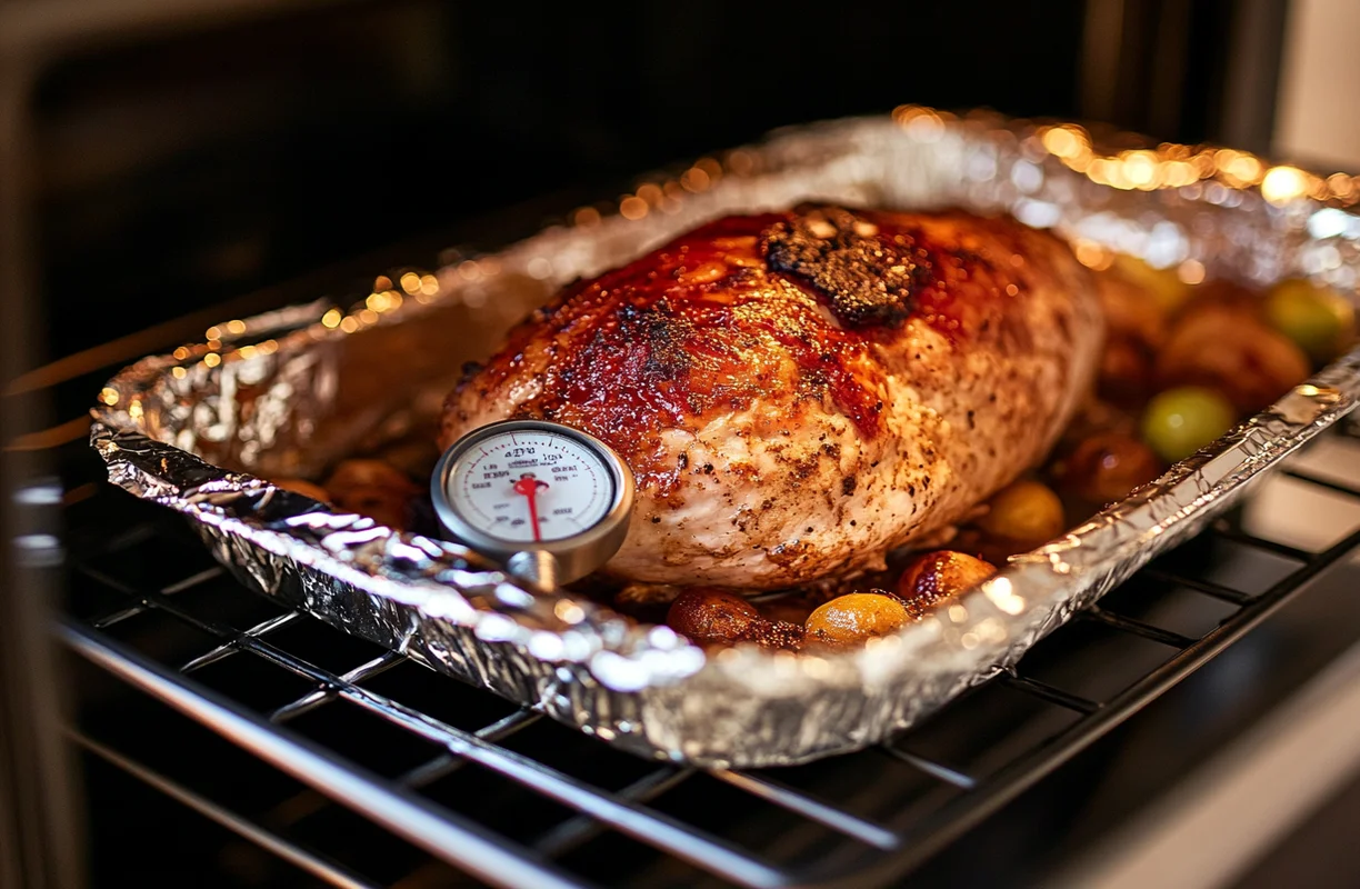 Pre-cooked smoked turkey breast in the oven with a meat thermometer, ensuring even reheating for a flavorful dish