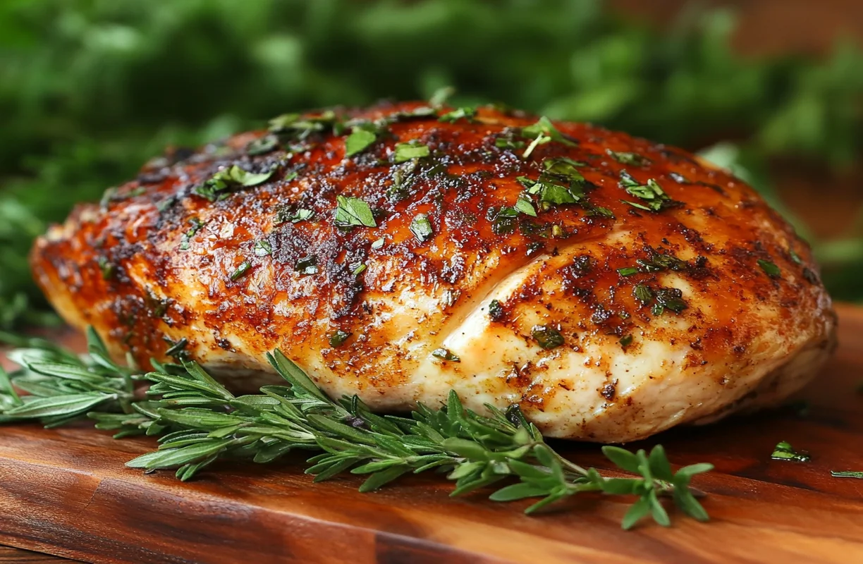 Smoked turkey breast with a golden crust and fresh herbs, demonstrating tips to keep it from drying out.