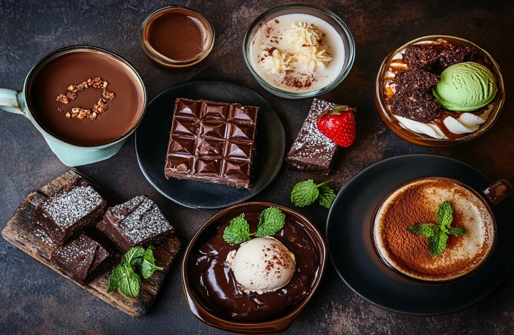 A spread of desserts and beverages made with Black Label Chocolate Sauce Recipe Bulk Recipe, including brownies, ice cream, and hot chocolate.