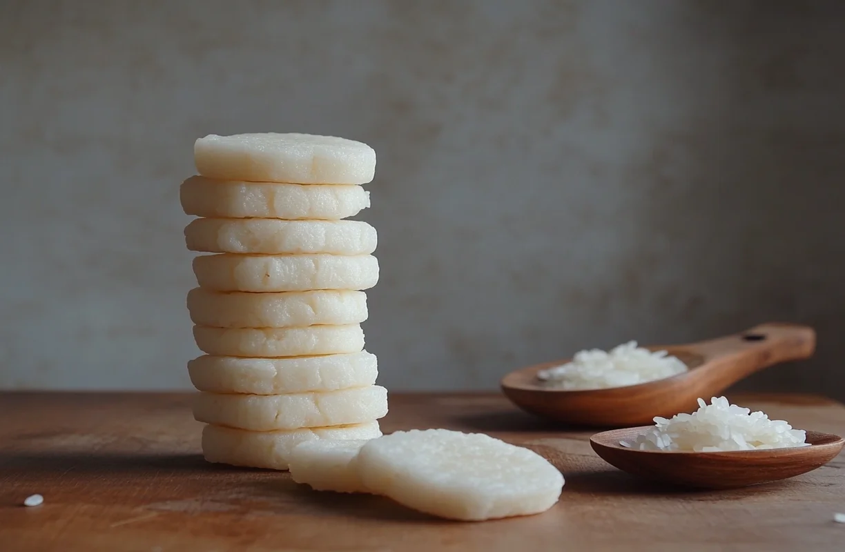 A stack of plain rice cakes with wooden spoons of rice, exploring if rice cakes are good for losing belly fat.