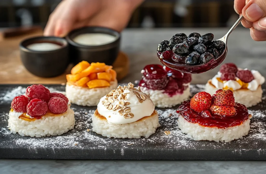 Flavored rice cakes full of sugar, including caramel, chocolate, and sesame-coated varieties, displayed on a slate platter.