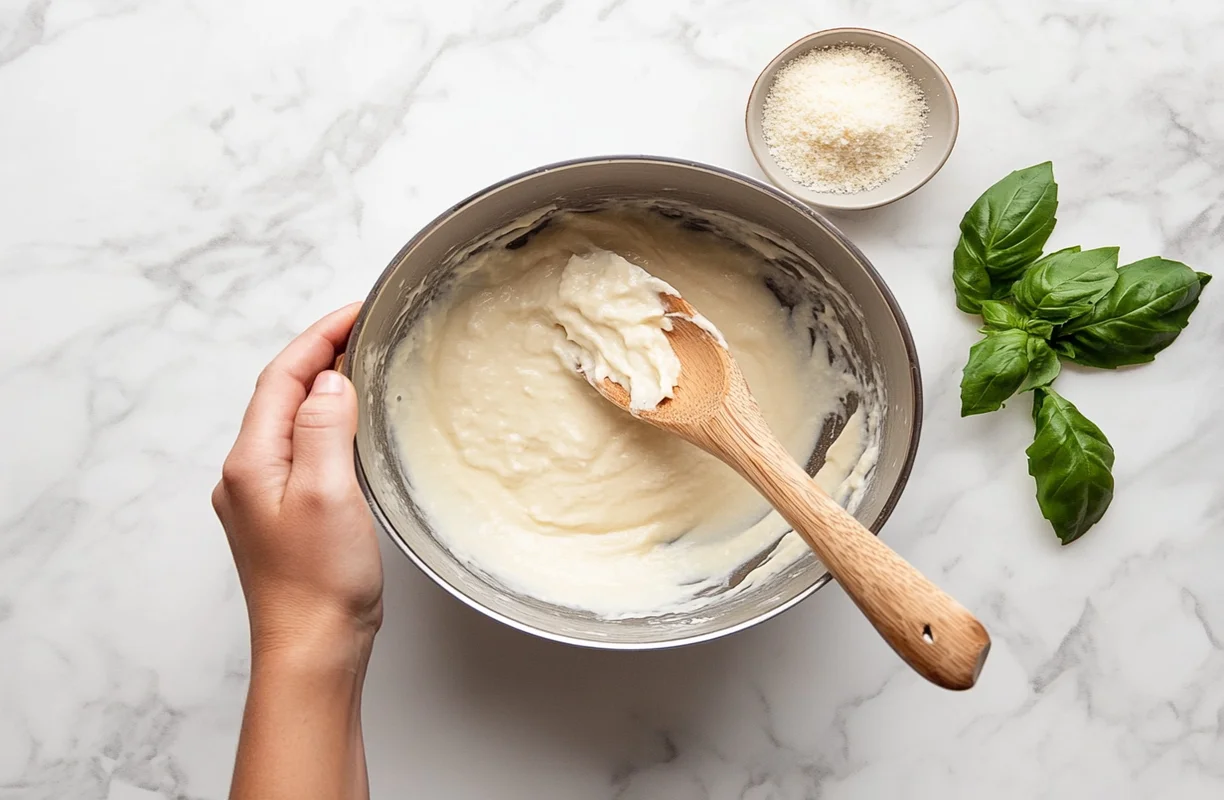 Bowl of creamy Marry Me Chicken sauce with a wooden spoon, parmesan cheese, and fresh basil, showing thickening techniques for the perfect consistency.
