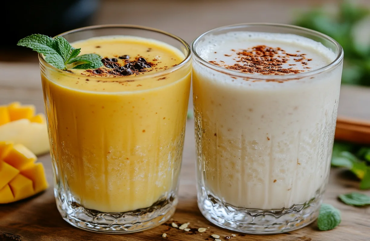 Spiced mango lassi and plain lassi, commonly known as cold yogurt drink crossword answers.