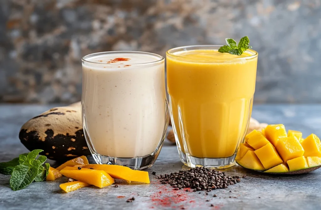 Glasses of plain and mango lassi, popular cold yogurt drinks for crossword puzzles.