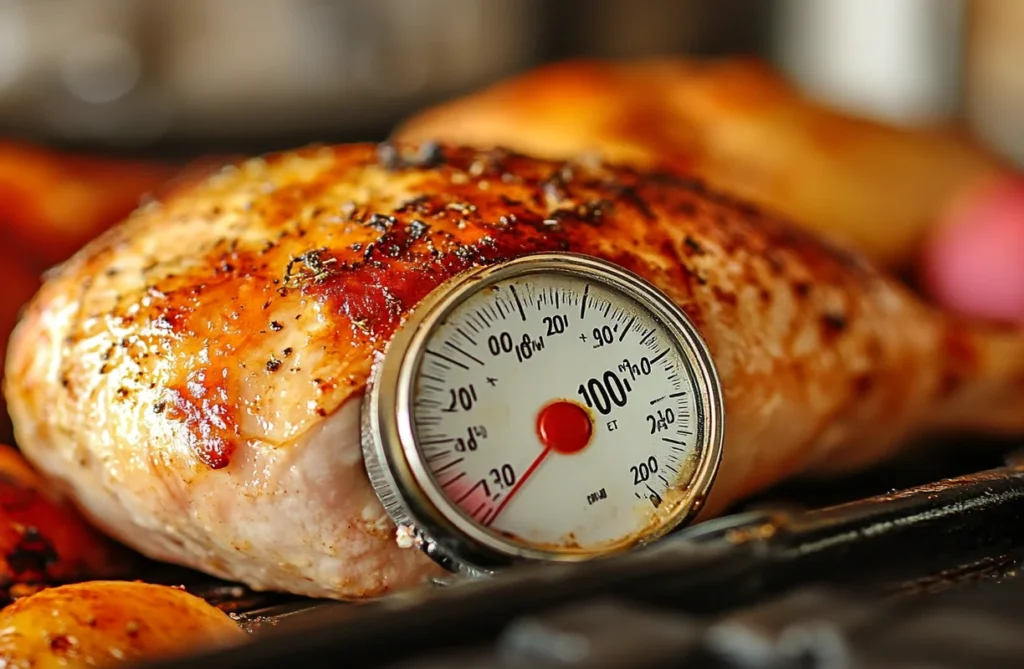 Smoked turkey breast with a meat thermometer, showing how to prevent drying by checking the internal temperature.