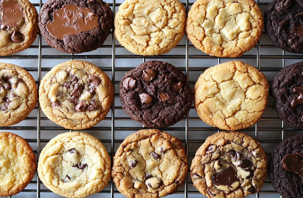 A cooling rack filled with cookies baked at 350°F and 375°F, showing texture and color differences.