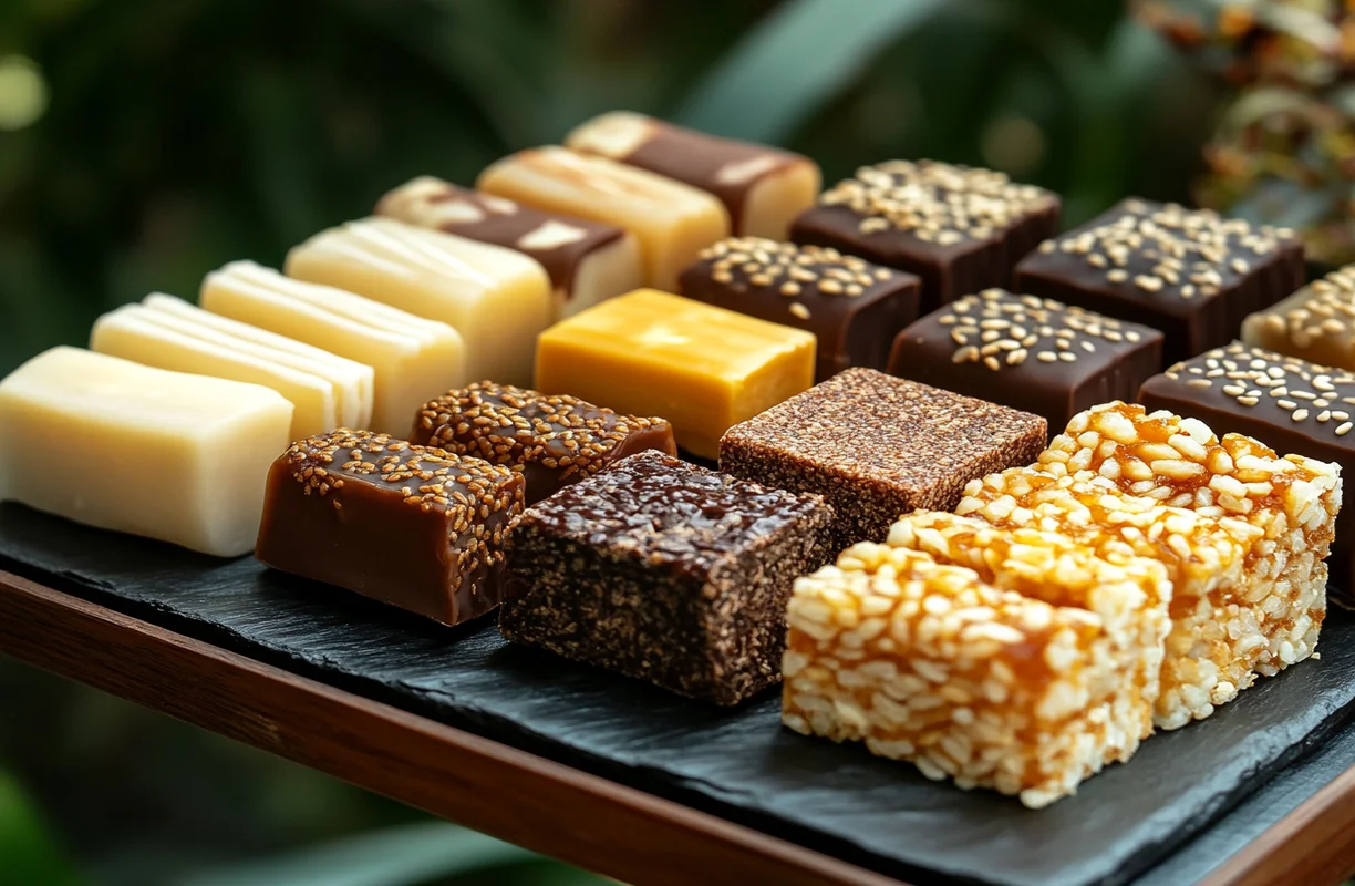 Flavored rice cakes full of sugar, including caramel-coated, chocolate-covered, and sesame-topped varieties on a slate platter.
