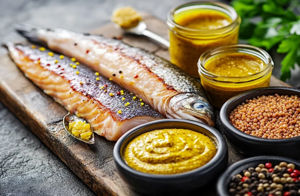 Fresh fish fillets with mustard, mustard seeds, and spices on a wooden board, demonstrating why mustard is used before frying fish.