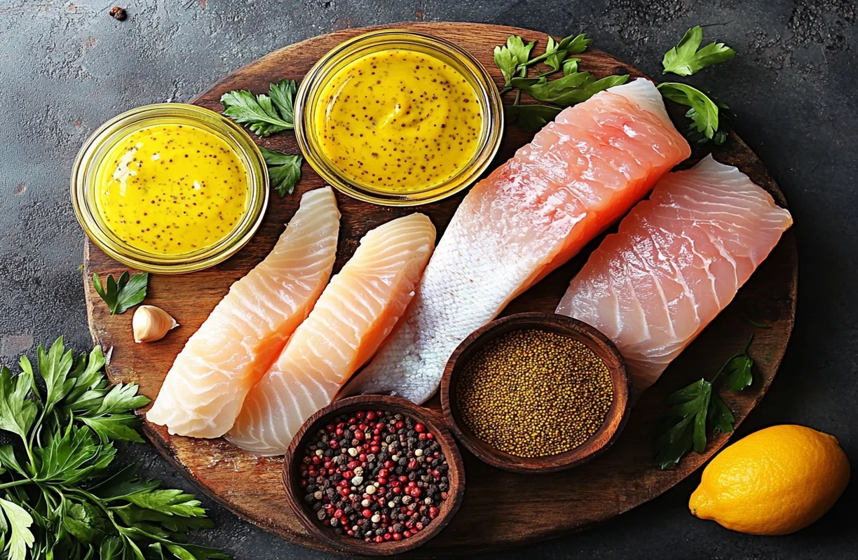 Fresh fish fillets with mustard, spices, and herbs on a wooden board, showing why mustard is used before frying fish.