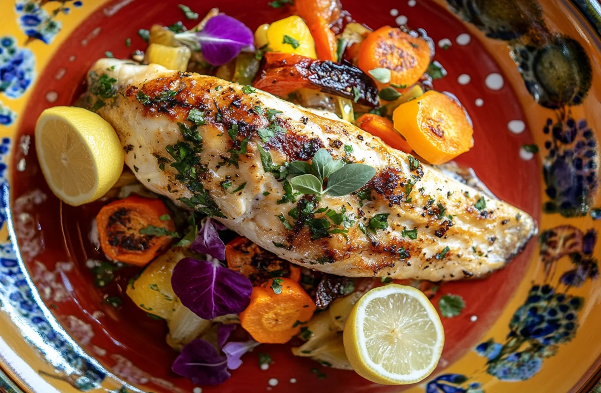 Grilled Trader Joe’s Branzino fillet with roasted vegetables and lemon garnish on a colorful plate.