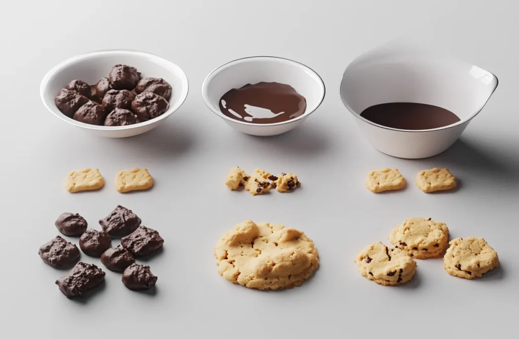 Cookie dough, melted chocolate, and baked cookies prepared to compare baking at 350°F and 375°F.