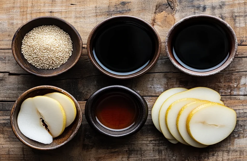 Key ingredients for Korean BBQ marinade, including soy sauce, sesame seeds, sliced Asian pear, and honey, arranged on a wooden table.
