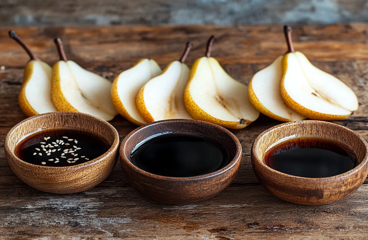 Bowls of soy sauce, sesame seeds, and sliced Asian pears on a wooden surface, illustrating the main ingredients used in Korean BBQ marinade.