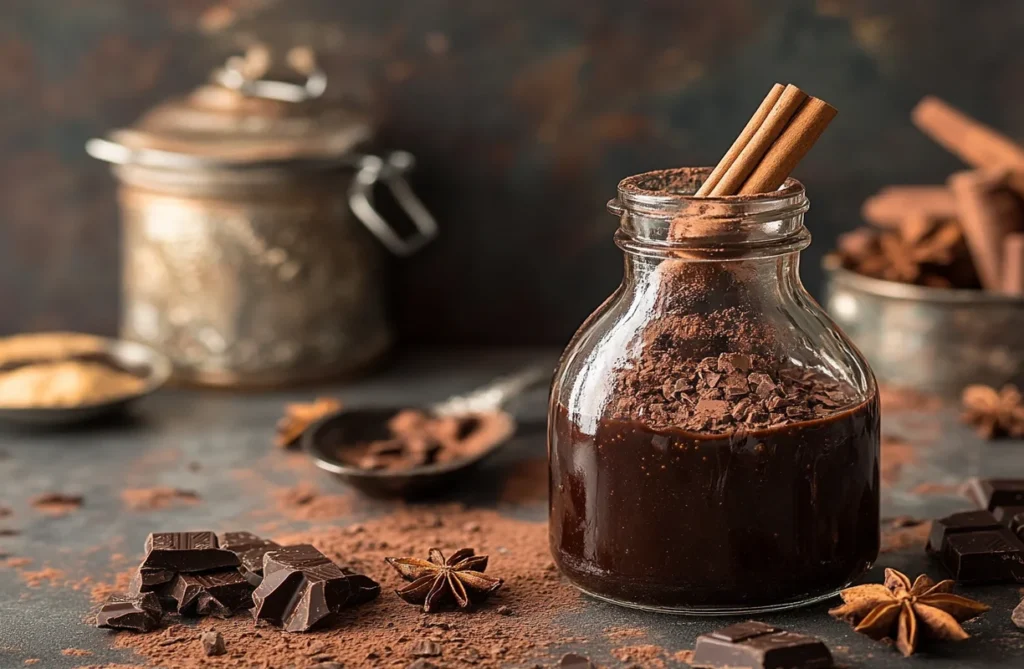 A jar of thick, homemade chocolate sauce with chocolate chunks and star anise in a rustic kitchen setting.