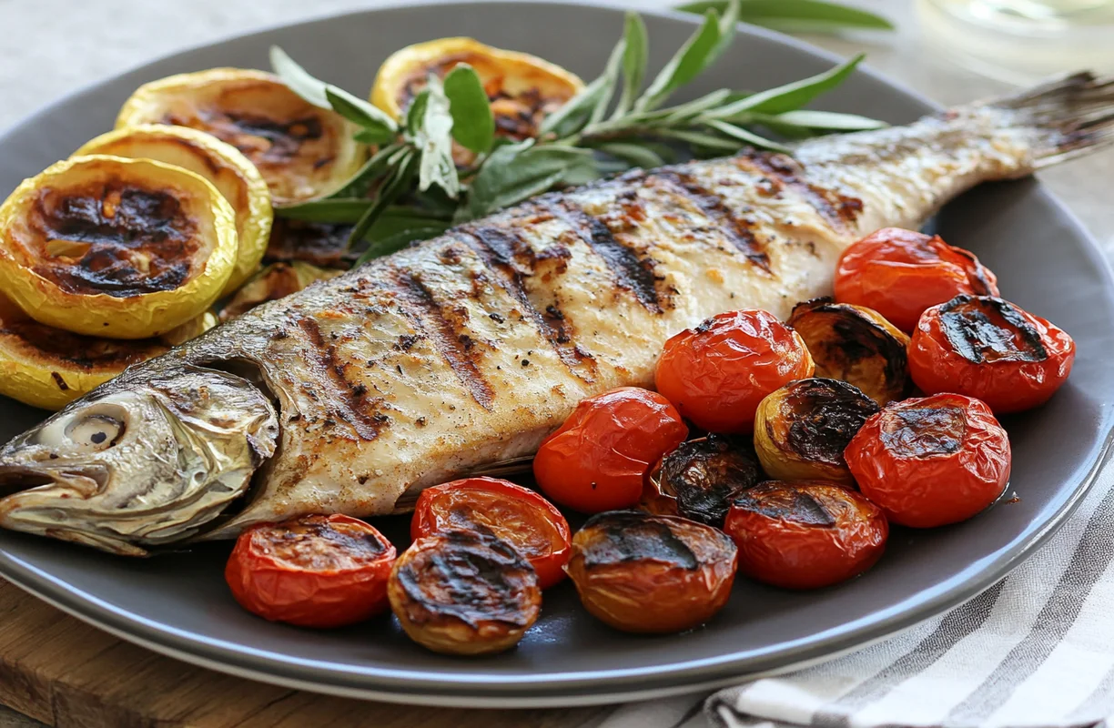 Grilled whole Trader Joe’s fish served with roasted cherry tomatoes, yellow squash, and fresh herbs on a gray plate.