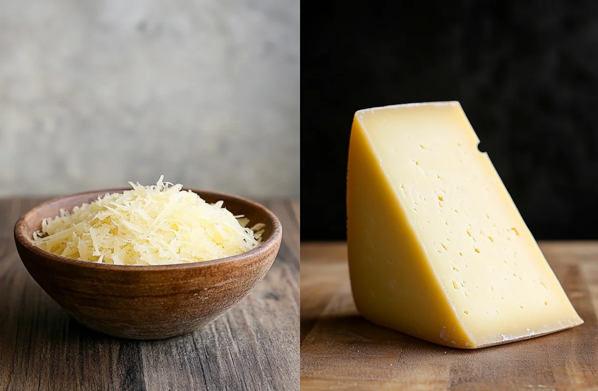 A wooden bowl of grated cheese beside a block of cheddar, illustrating the source of cheese powder.