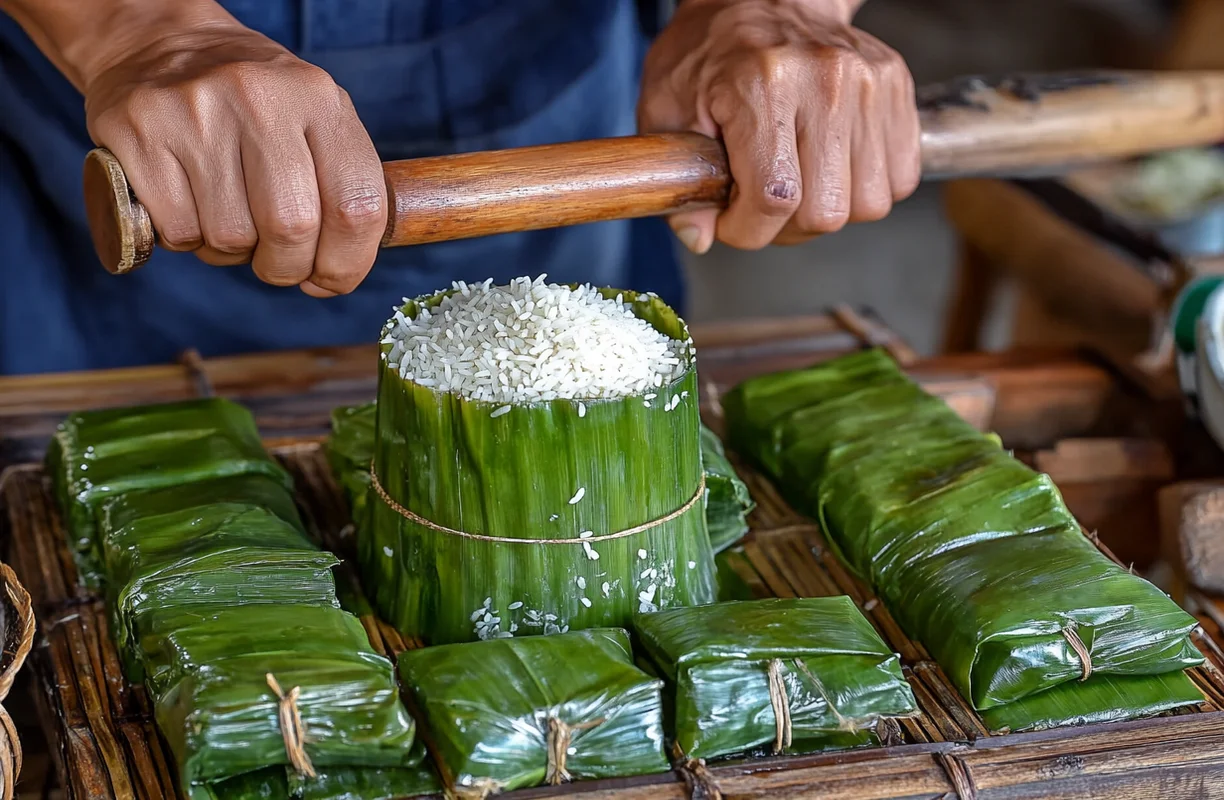 Hands pressing rice into banana leaves to make traditional rice cakes, showcasing the process of crafting rice cakes from soaked rice.