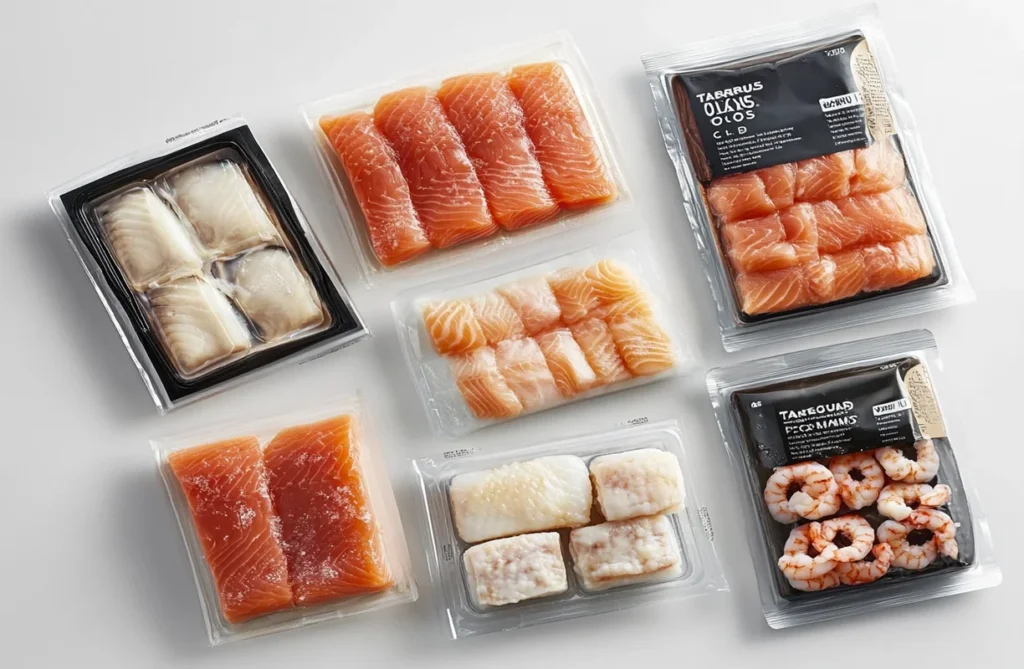 Assorted Trader Joe’s fish and seafood fillets, including salmon, cod, and shrimp, vacuum-sealed and ready for cooking quick meals.